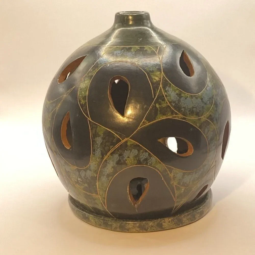 Vintage Green and Grey Nicaraguan Lattice Pierced Pottery Luminary Candle